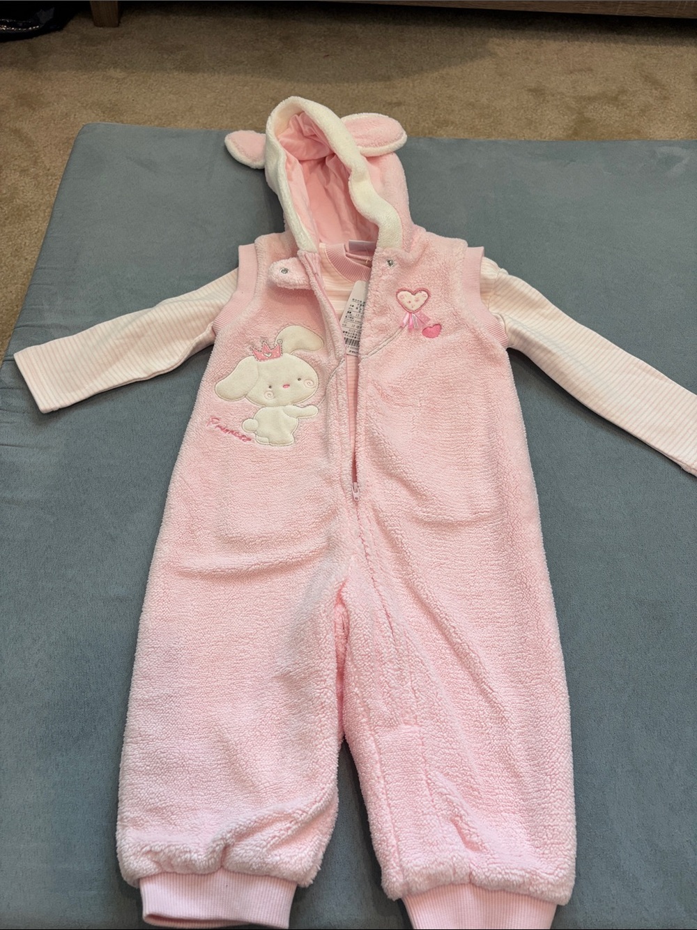 Pink Fleece Bunny Hooded Jumpsuit with Long sleeve 12 months